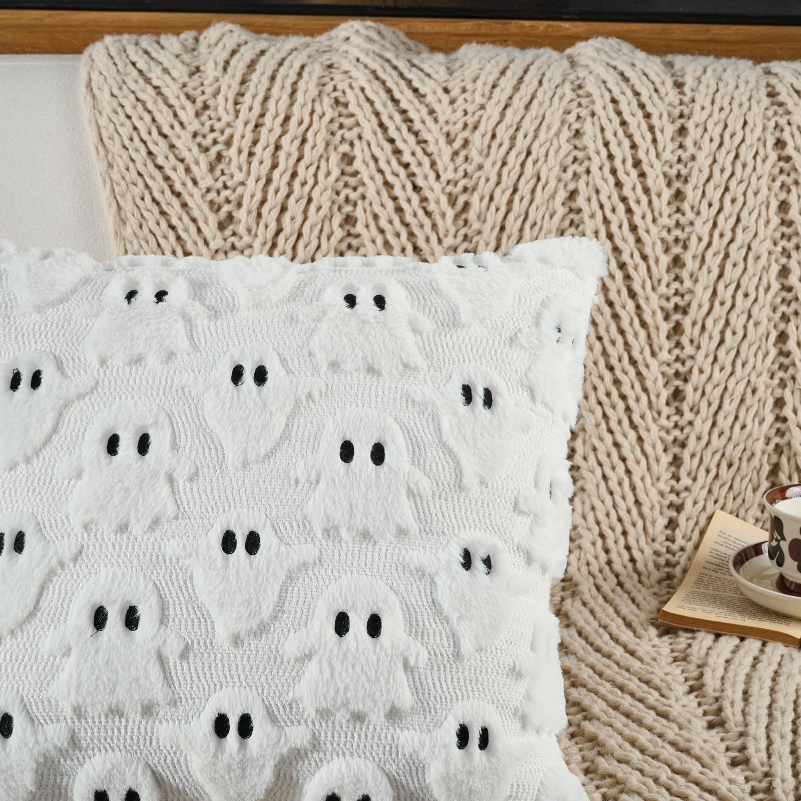 Volcanics Halloween Ghost Pillow Covers 20x20 Set of 2, White Plush Faux Fur Decorative Throw Cushion Cases for Fall Autumn Holiday Home Decor - Soft Farmhouse Style for Sofa, Couch, and Bedroom