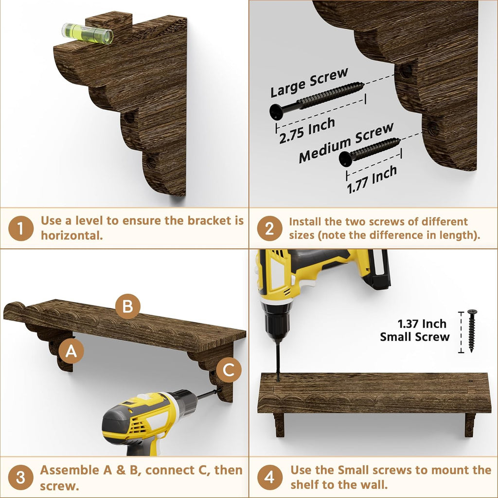 QsQueen Scalloped Wood Wall Shelf - 17-Inch Rustic Floating Shelf with Easy Install Brackets for Any Room