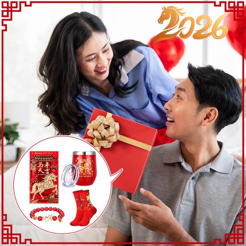 Skylety Chinese New Year 2026 Gifts Set Year of the Horse 2026 Gift with Tumbler Socks Red Envelope and Bracelets for Chinese New Years 2026 Men and Women Festive Gifts (Horse)