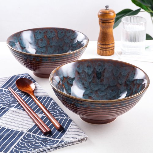 HOKELER Ceramic Japanese Ramen Bowl Set, 2 Sets Asian Pho Udon Soup Noodle Bowls with Spoons and Chopsticks (Peacock Green, 8 inches)