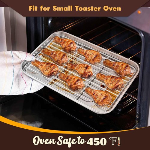 E-far Stainless Steel Baking Pan Set - 10.5”x8.3” Toaster Oven Tray with Wire Rack for Roasting & Broiling