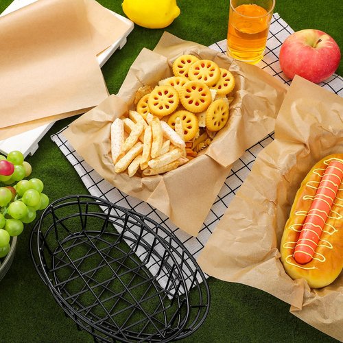 Yiyiring 30 Pcs Black Wire Bread Basket 9.5 x 6.2 x 2.2 Inch Oval Metal Dinner Roll Baskets for Serving Fruit Bowl Storage with 150 Sheets Deli Wrappers Paper for Kitchen Table Fast Food