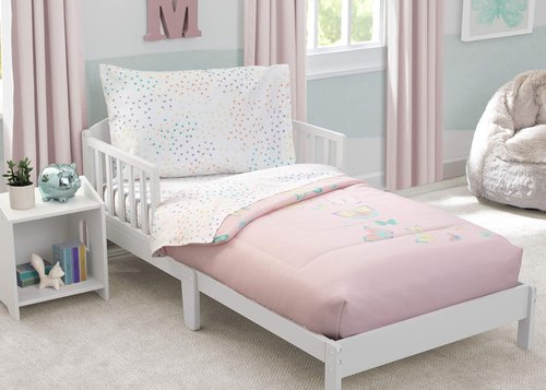 Delta Children 4 Piece Toddler Bedding Set for Girls - Reversible 2-in-1 Comforter - Includes Fitted Comforter to Keep Little Ones Snug, Bottom Sheet, Top Sheet, Pillow Case - Pink Butterfly Flutter