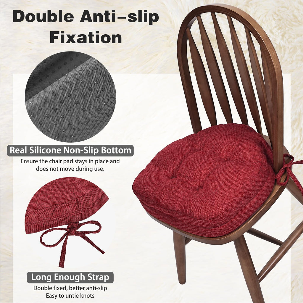 baibu Dining Chair Cushions Set of 4, Dual-Layer Patented Design Memory Foam Windsor Seat Pads, Kitchen Chair Cushions with Ties & Textured Cover, 17x 15.5 x 3.5in, 4 Pack, Red