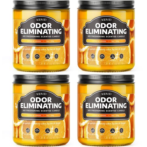 AOOVOO 4 Pack Citrus Lemon Odor Eliminating Highly Fragranced Candle - Eliminates 95% of Pet, Smoke, Food, and Other Smells Quickly, Non Toxic Air Freshing Soy Candle