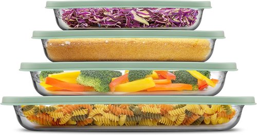 JoyJolt 8-Piece Borosilicate Glass Baking Dish Set - Deep Rectangle Dishes with Sage Green Lids | Oven & Freezer Safe