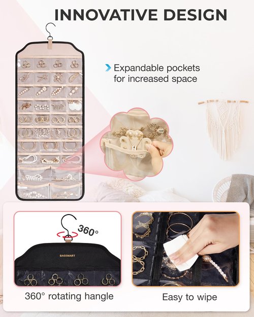 BAGSMART Hanging Jewelry Organizer, Jewelry Holder Organizer Accessories Organizer, 68 Pocket Earring Organizer Organizer for Wall Holding Jewelries,Large Black 1 Piece