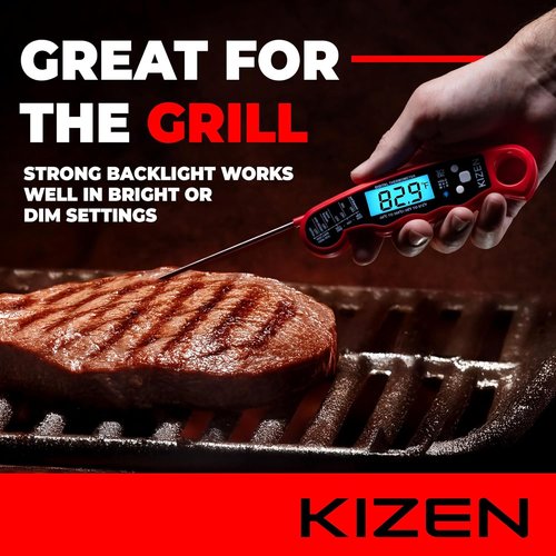 KIZEN Instant Read Meat Thermometer - Digital Cooking Thermometer with Large Backlit Display | IP67 Waterproof