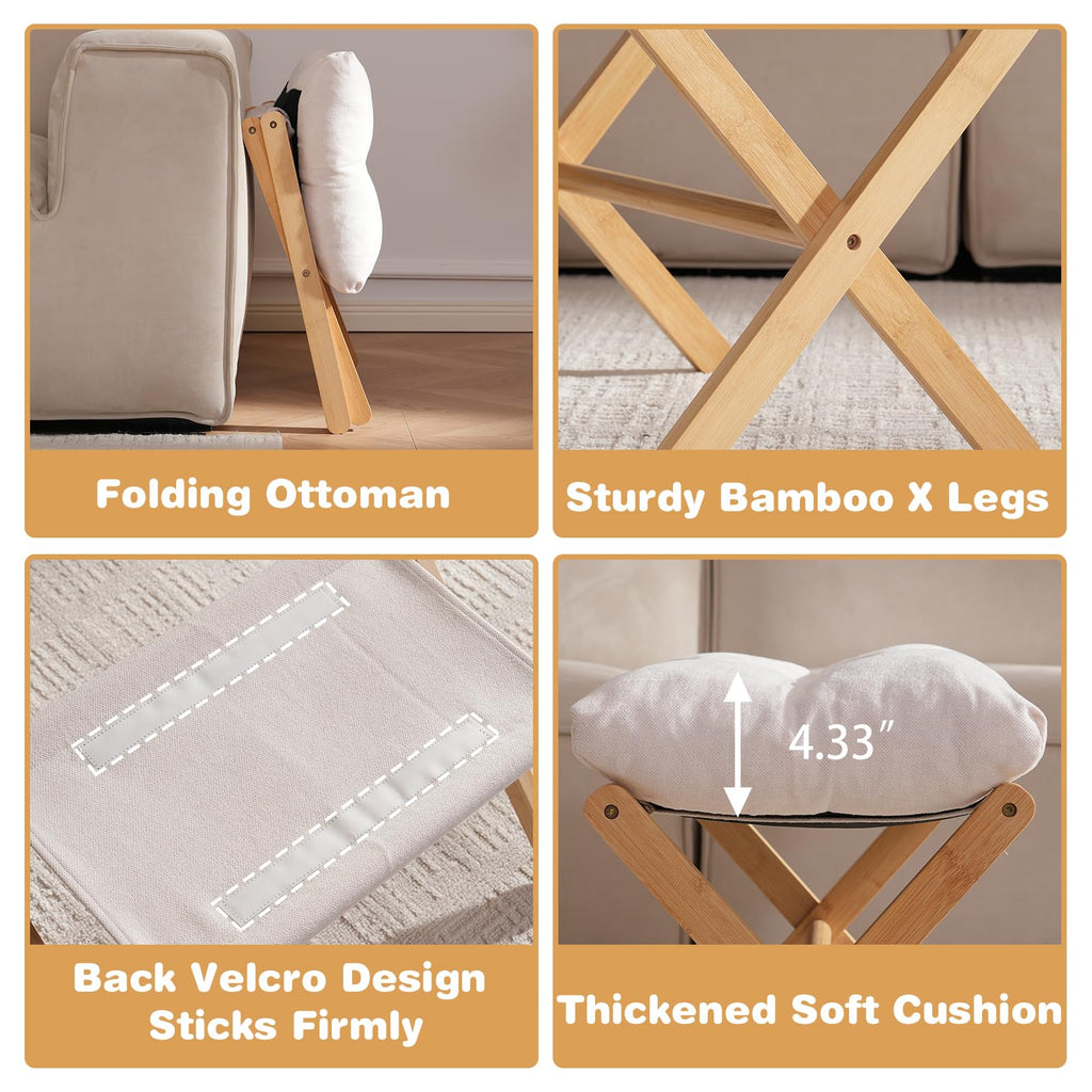 Baveke Ottoman Foot Rest- Bamboo Foldable Stool, Foot Stools Small Ottman with Upholstered & X Legs, Folding Stool for Makeup, Bedroom and Living Room (Large Beige)