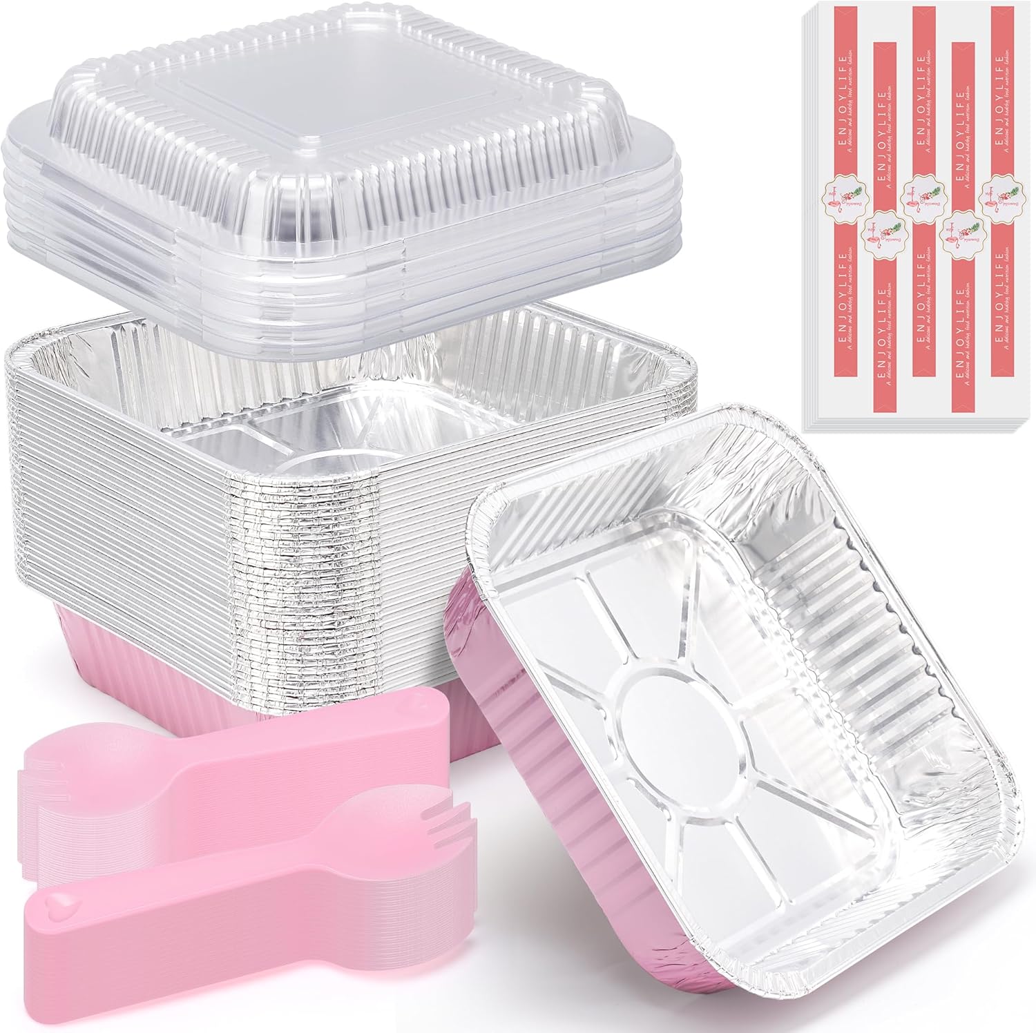 Regine Switzerland 35-Pack Pink 8x8 Inch Disposable Aluminum Foil Pans - Eco-Friendly Baking Trays with Lids & Stickers