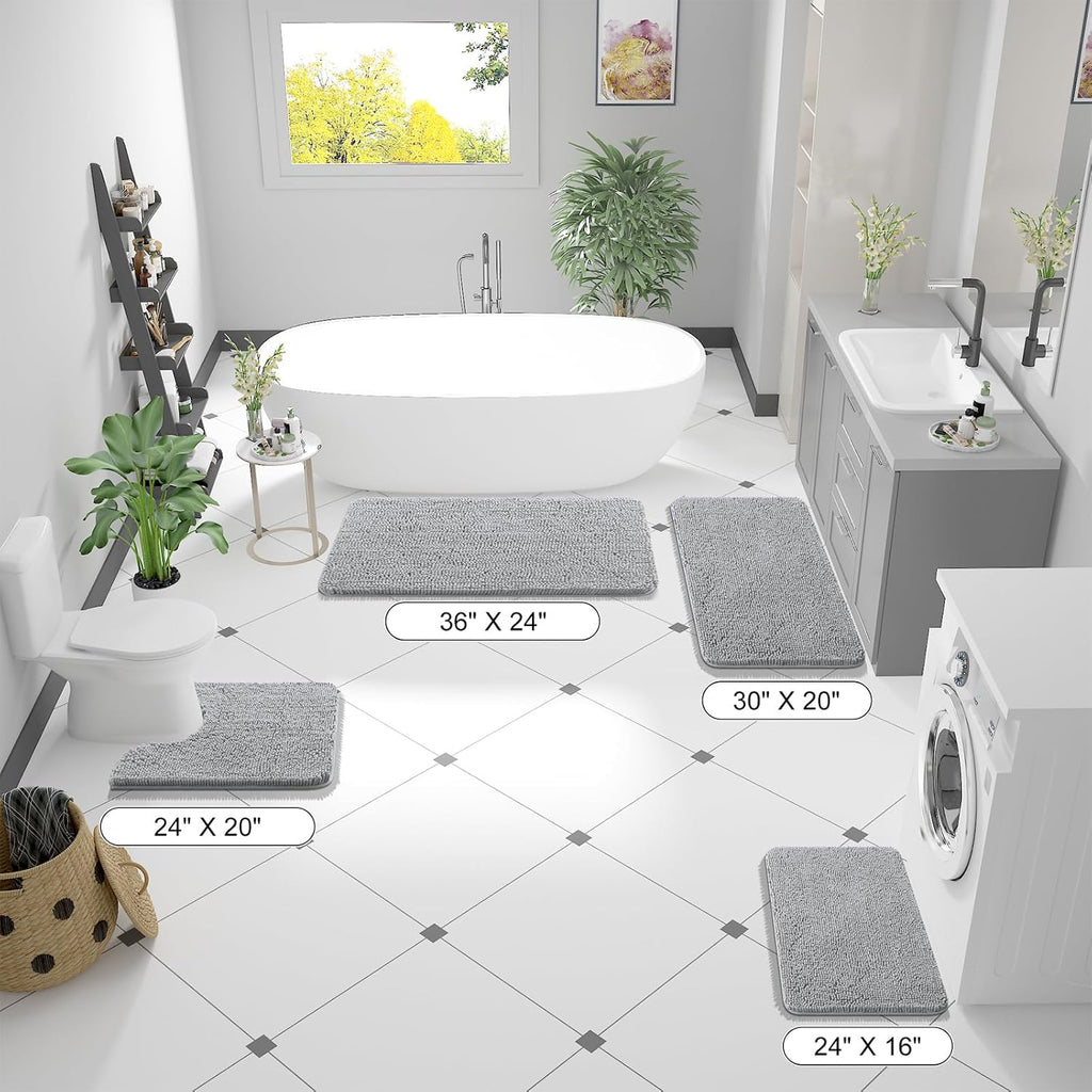 OLANLY Large Bath Rugs - Extra Soft Chenille with Quick-Dry Rubber Backing | 59x35, Light Grey