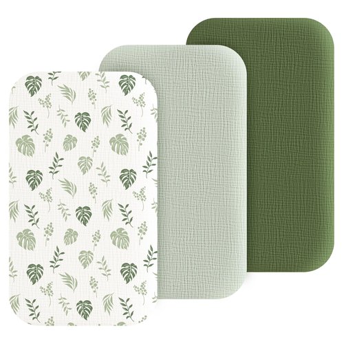 Coreeky Muslin Bedside Sleeper Bassinet Fitted Sheets, 3 Pack Cotton Baby Sheet for Boys & Girls, Soft, Compatible with Baby Delight, Dream On Me, AMKE and Other Rectangle Mattress (Leaf Green)