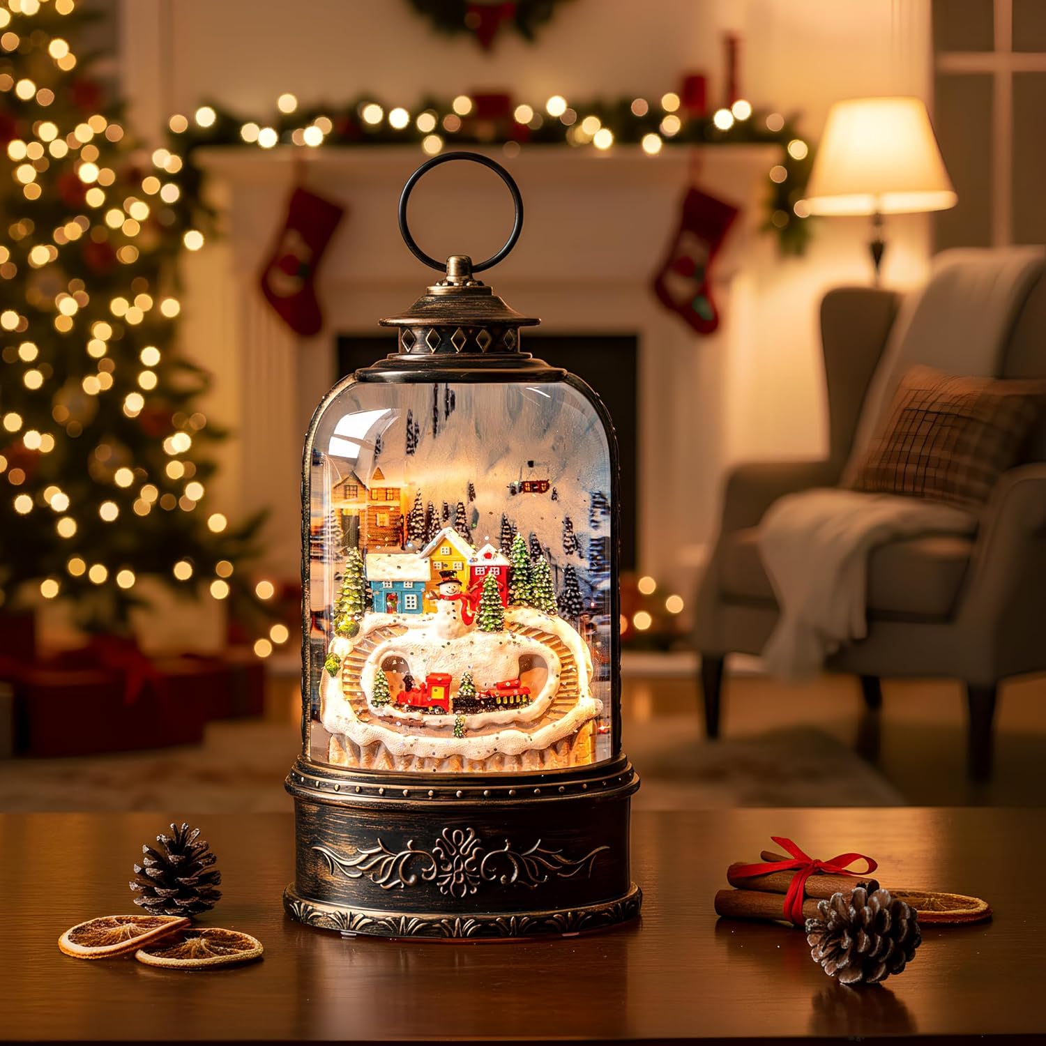 Skiennix Christmas Snow Globe Lantern - Glittering Snowman & Train with Music | USB & Battery Operated