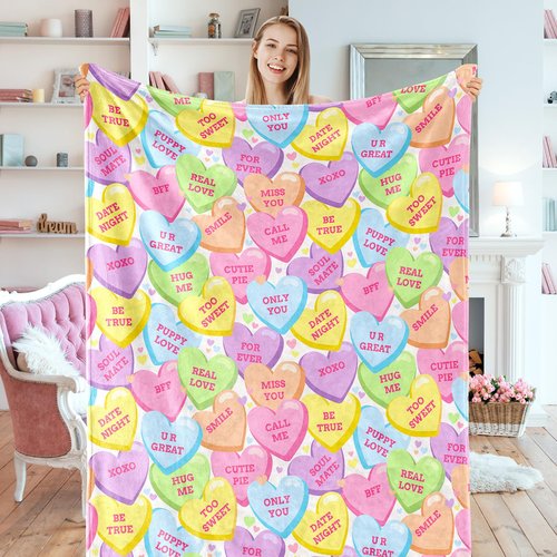 JarThenaAMCS Valentine's Day Fuzzy Blanket Conversation Candy Heart Throw Blanket Colorful Cozy Flannel Blanket for Home Bed Sofa Couch Chair, 50 x 60 Inch