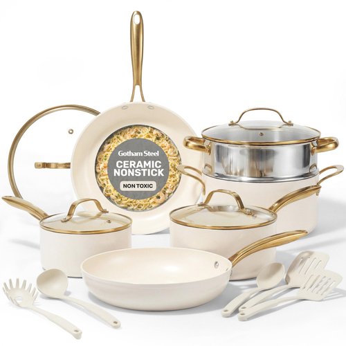 Gotham Steel 15 Pc Ceramic Cookware Set, Ceramic Pots and Pans Set Non Stick with Cooking Utensils and Steamer, Non Toxic PFOA PFOS Free, Premium Gold Stay Cool Handles, Oven & Dishwasher Safe