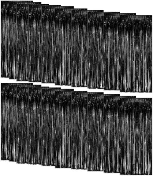 Foil Curtain Backdrop - 20 Pack Black Metallic Tinsel Fringe Curtains for Parties & Celebrations