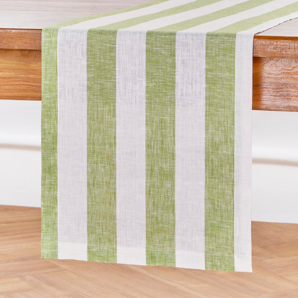 Solino Home Linen Table Runner 144 Inches Long - Cabana Stripe, 100% Pure Linen Green and White Table Runner 14 x 144 Inch for Dining, Spring, Summer