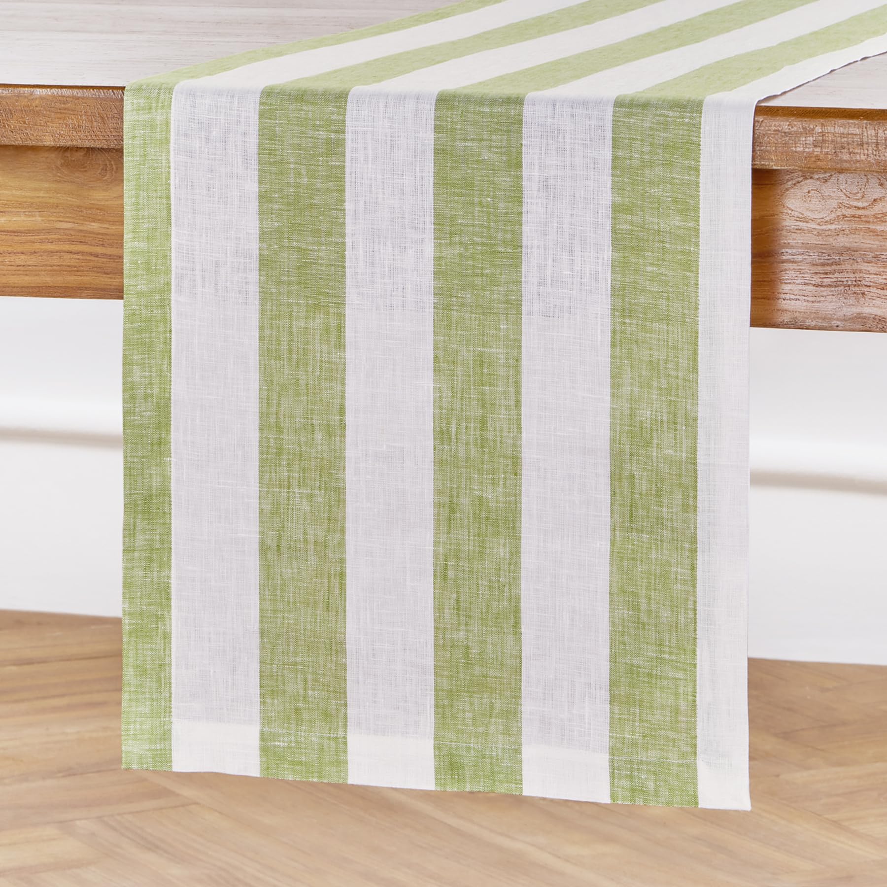 Solino Home Linen Table Runner 144 Inches Long - Cabana Stripe, 100% Pure Linen Green and White Table Runner 14 x 144 Inch for Dining, Spring, Summer