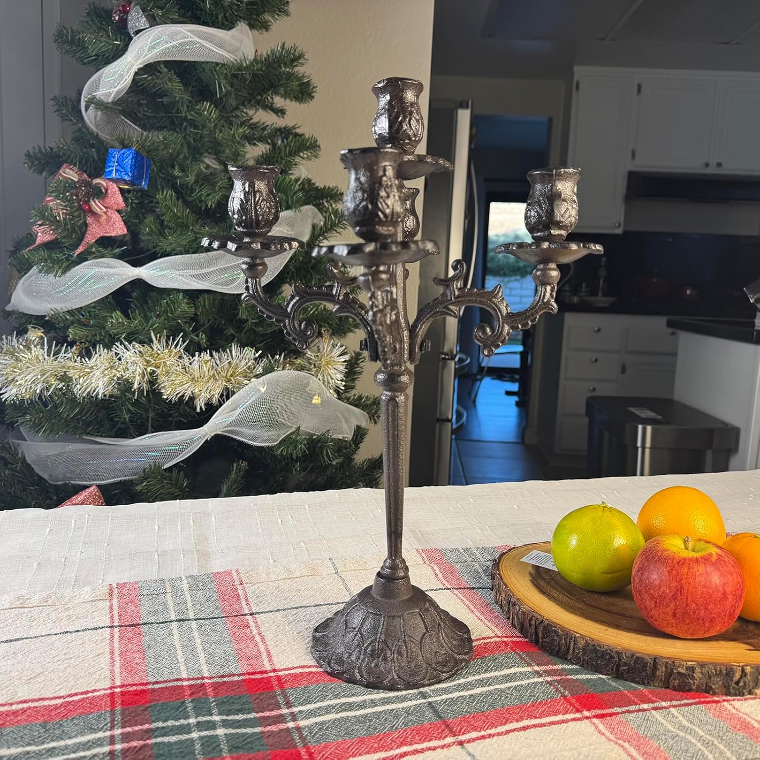 Antique Rust Brown Cast Iron Candelabra - 5-Arm Vintage Floral Candle Holder | 17" Tall Rustic Centerpiece for Holiday Decor