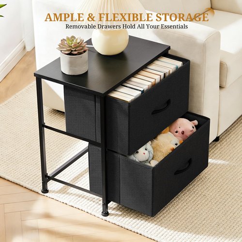 Accver Nightstand, 2 Drawer Dresser Bedside Storage Furniture, Small Dresser with 2 Drawers, End Table with Fabric for Bedroom, Closet, Entryway, College Dorm, Black