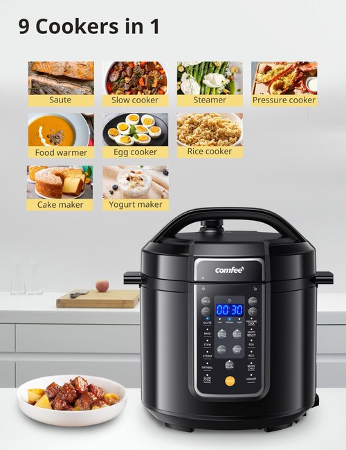 COMFEE’ 12-in-1 Electric Pressure Cooker, Instant Multi, Non-Stick Pot, Yogurt Maker, Rice Cooker, Slow, Sauté Steamer, Pressure Cooker 6 Quart Black