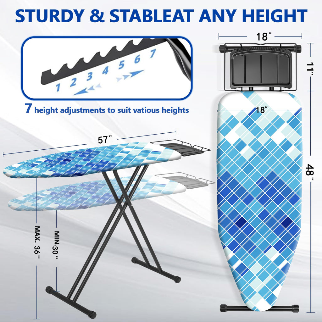 UFETGYG Classic Full Size Ironing Board 57" X 18" with Iron Rest, Extra Wide Size Full Metal Construction,Height Adjustable, Heat & Scorch Resistant Fabric, Anti-Skid Feet, Easy to Fold,Blue