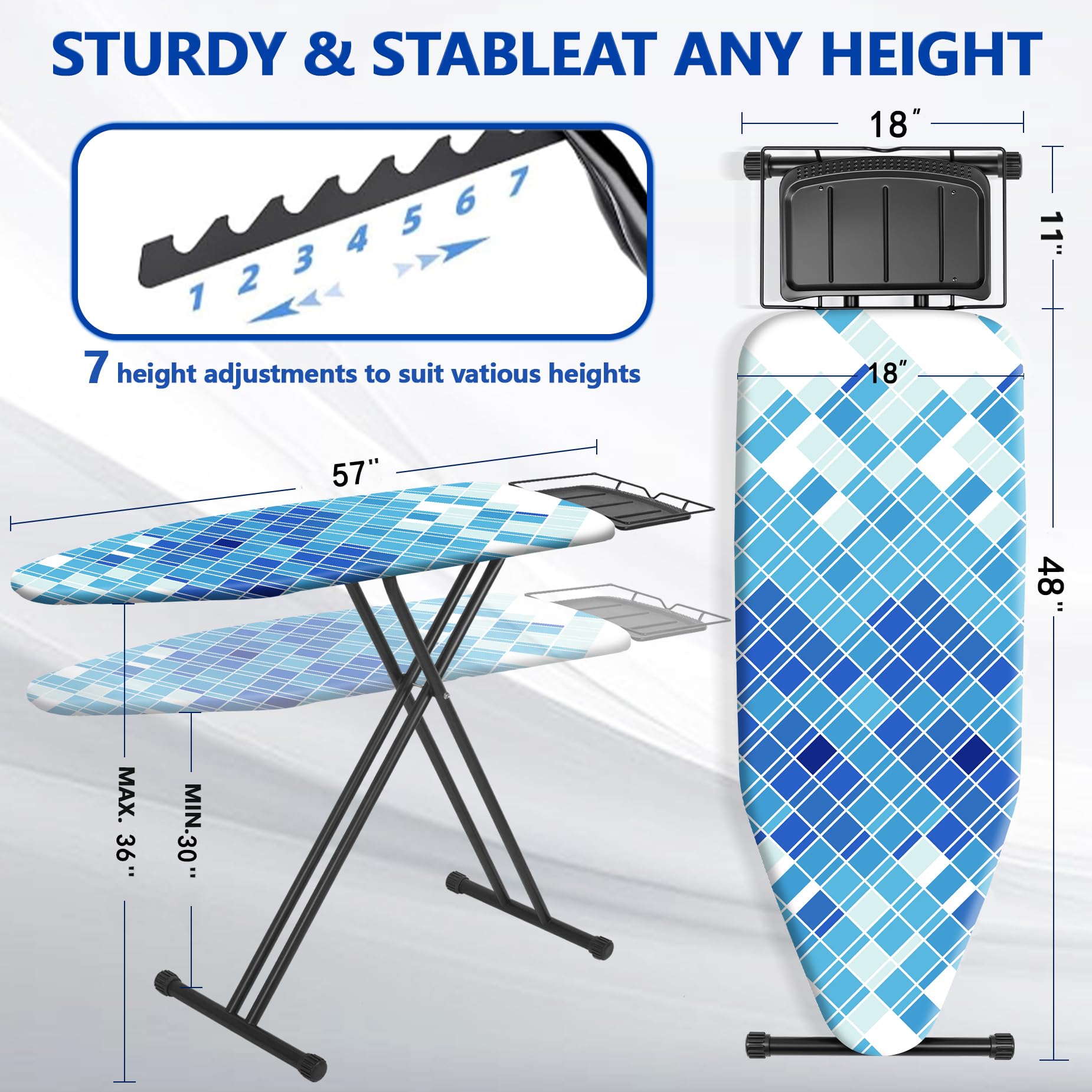 UFETGYG Classic Full Size Ironing Board 57" X 18" with Iron Rest, Extra Wide Size Full Metal Construction,Height Adjustable, Heat & Scorch Resistant Fabric, Anti-Skid Feet, Easy to Fold,Blue