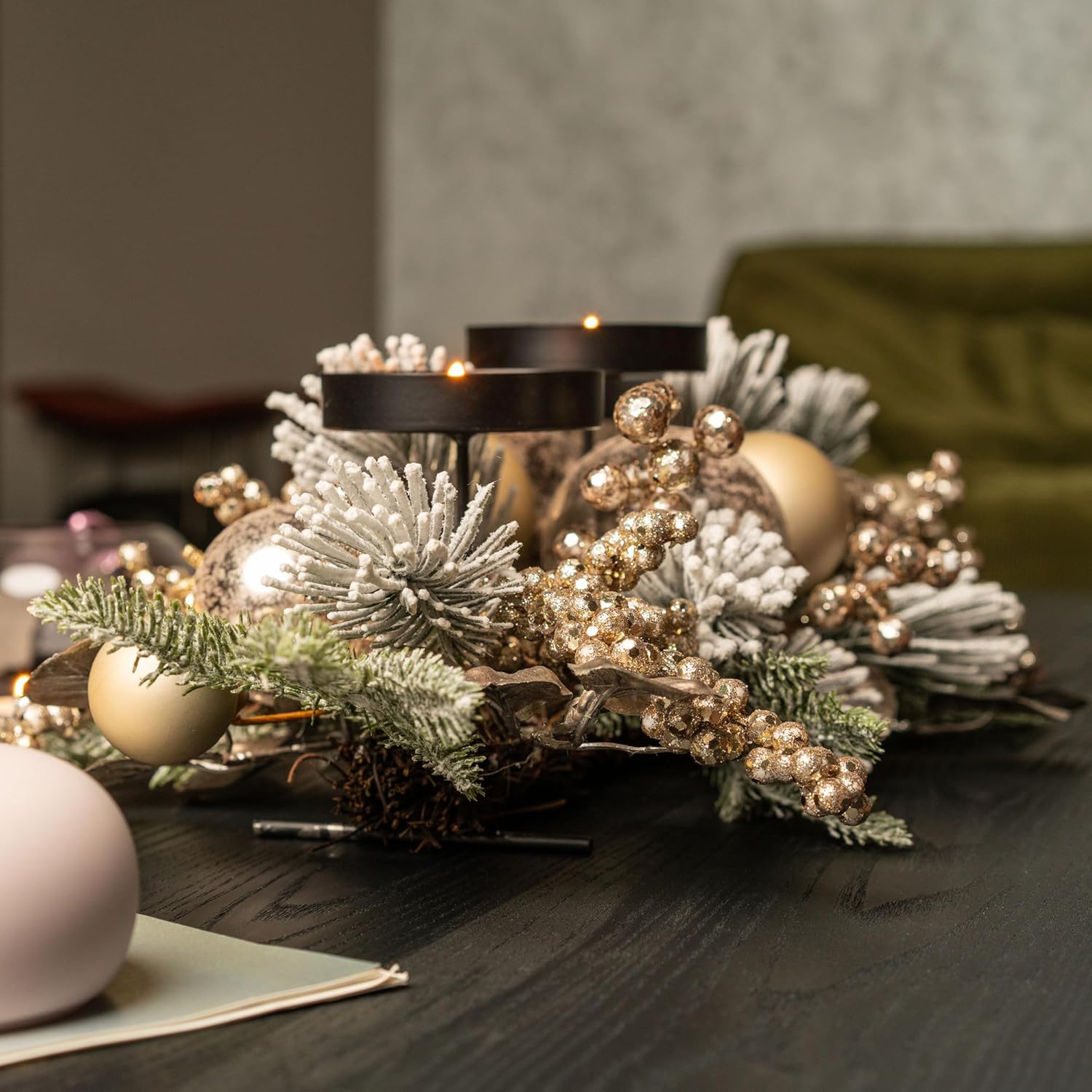 YULETIME 28" Christmas Triple Candelabrum - Elegant Holiday Candle Holder with Gold Baubles & Snowy Pine Needles