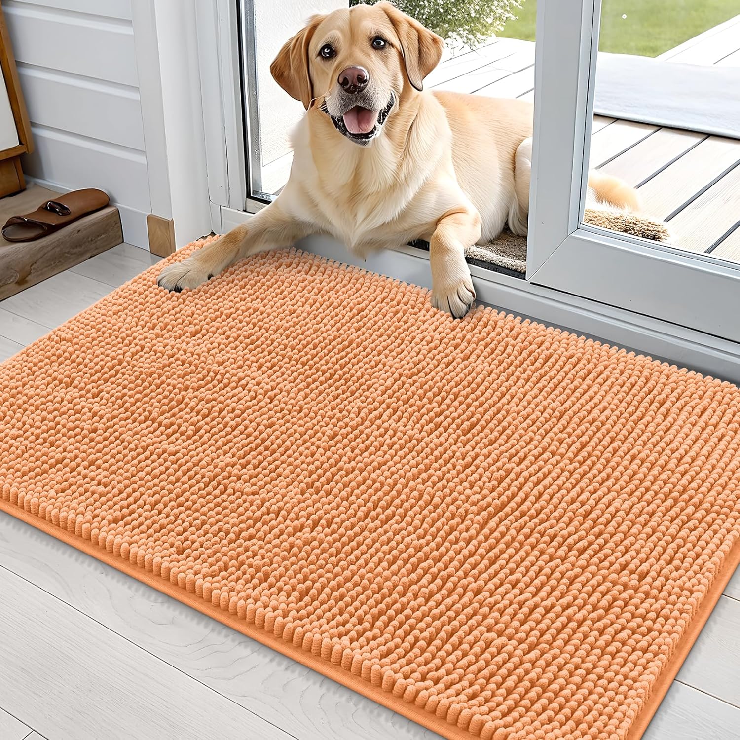 OLANLY Dog Door Mat - Absorbent Non-Slip Washable Chenille Mat for Muddy Paws | 35x24 Inches, Orange
