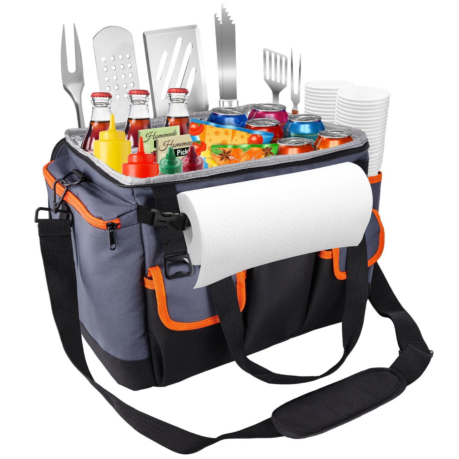 Homyplaza Large BBQ Grill Caddy with Paper Towel Holder, Foldable Insulated Picnic Organizer Bag for Outdoor Grilling, Tailgating, Camping, RV Trips, Must-Have Storage for Cooking Tools Supplies