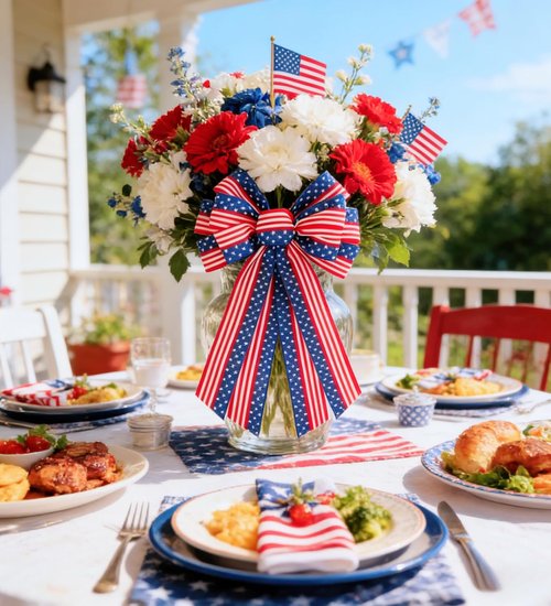Large Patriotic Wreath Bow - 4th of July Decor | Star & Stripe American Flag Bow for Indoor/Outdoor Use (11.4 x 20.8 in)