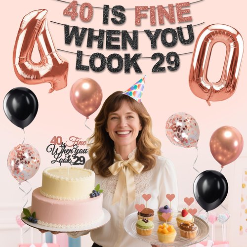 Yatufom 40th Birthday Decorations for Women, Pre-Strung 40 Is Fine When You Look 29 Banner, Number 40 Balloons Cake & Cupcake Toppers Party Supplies Kit, 40 Year Old Birthday Party Decorations