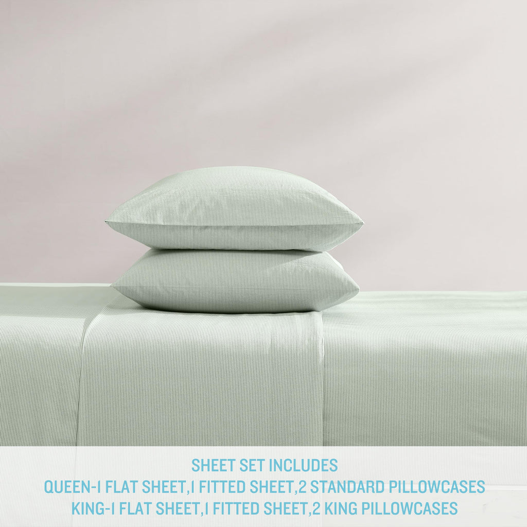 Tommy Bahama - King Sheets, Washed Percale Cotton Bedding Set, Soft & Breathable Bedroom Decor with Deep Pockets (Island Cays Stripe Green, King)