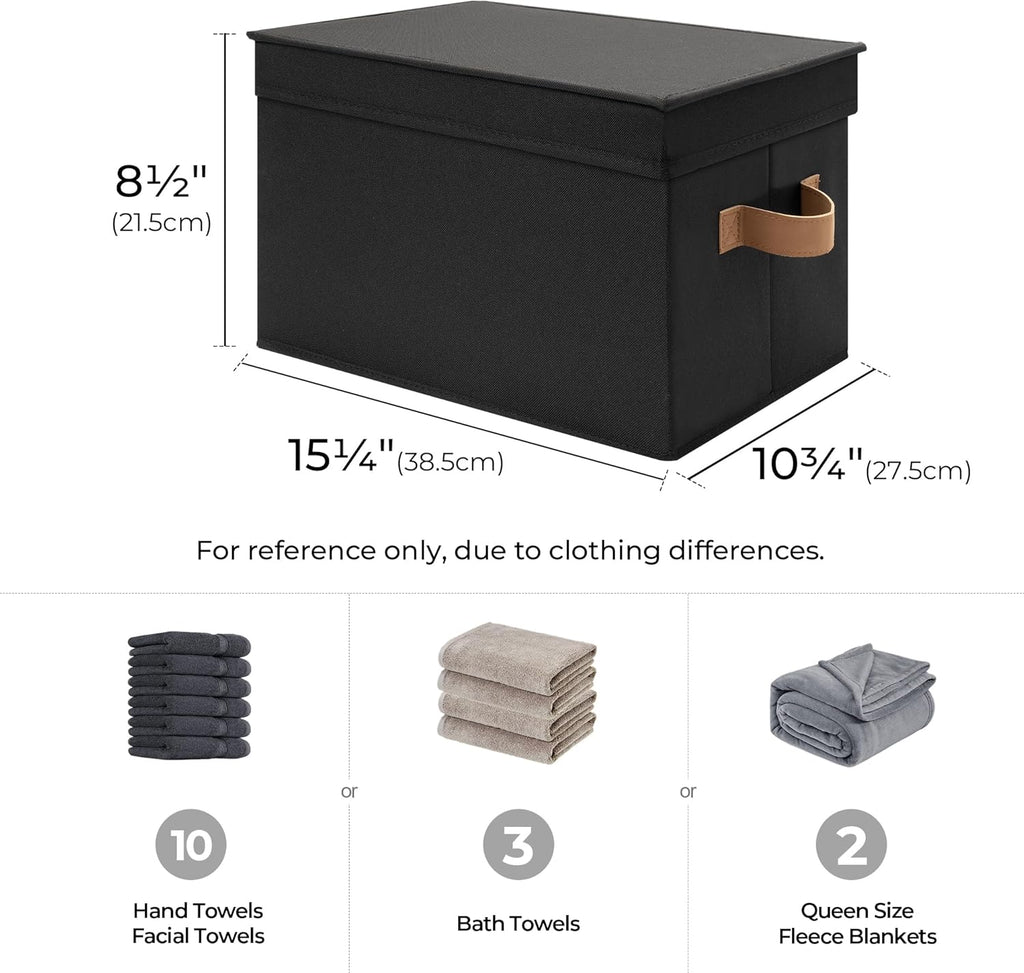 StorageWorks Black Storage Bins - Decorative Foldable Boxes with Lids & PU Handles | Large 3-Pack