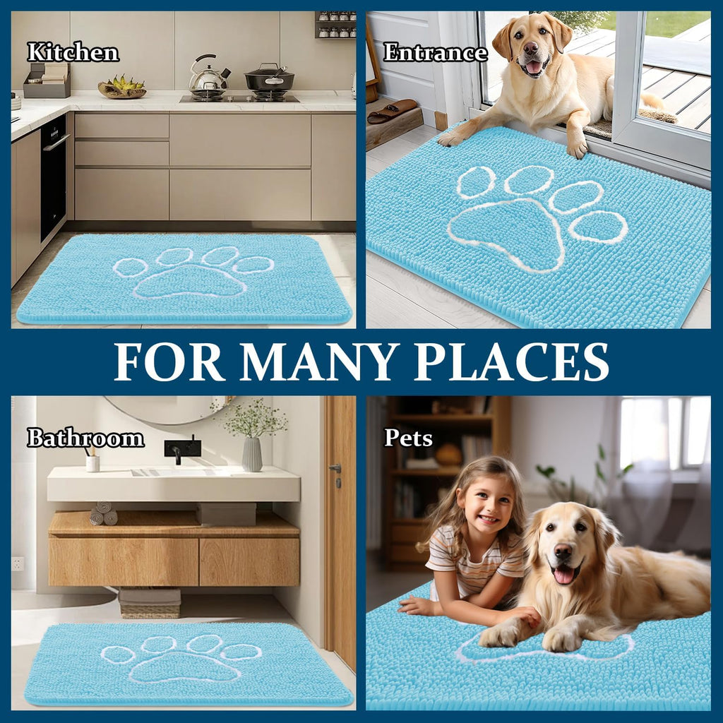 OLANLY Dog Door Mat - Absorbent Non-Slip Mud Mat for Muddy Paws | 40x32 Paw Print Design, Quick Dry Blue