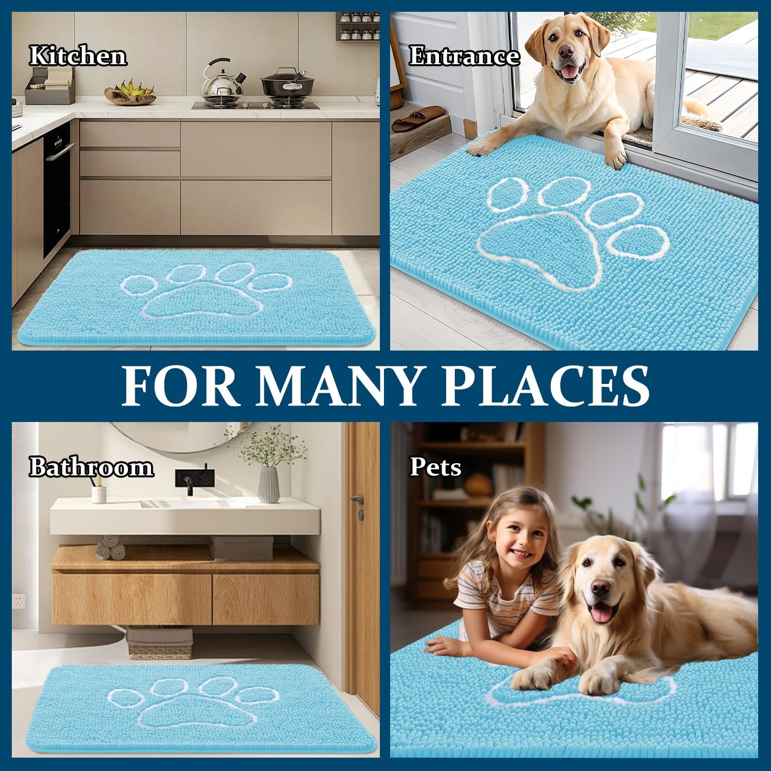 OLANLY Dog Door Mat - Absorbent Non-Slip Mud Mat for Muddy Paws | 40x32 Paw Print Design, Quick Dry Blue