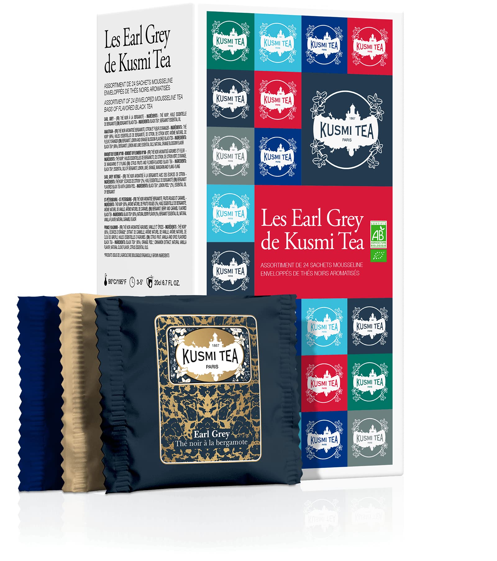 Kusmi Tea - Organic Black Tea Variety Box - Gift Idea for Men and Women - Earl Grey Tea - A Selection of 6 Iconic Flavors - 24 Tea Bags - Caffeinated Tea