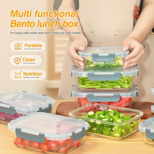 WWYH.DSS 5 PACK 36 oz Glass Meal Prep Containers, Glass Food Containers with Snap-Lock Lids, Airtight Lunch Containers, Microwave, Oven, Refrigerator and Dishwasher Safe，Gray