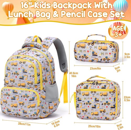 Fimibuke Kids Backpack Set - 3PCS Waterproof School Bag with Lunch Box & Pencil Case for Boys Ages 3-12 | Trucks Design