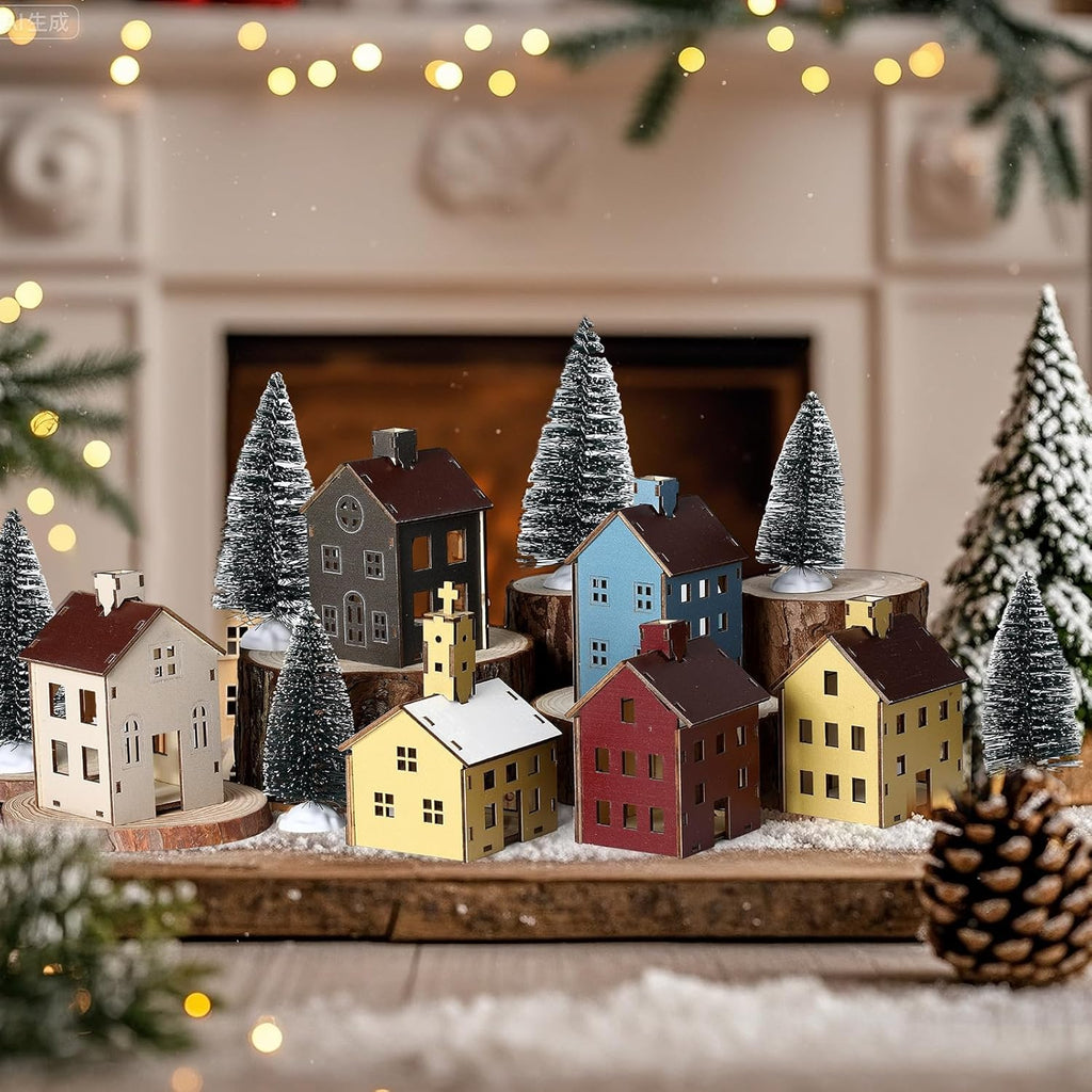Yalikop 18pcs Wooden Easter Village Set - Colorful Houses & Church with Electronic Candle Light