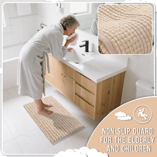 Yimobra Bathroom Rug Set 3 Piece - Super Absorbent Quick Dry Chenille Bath Mats & Toilet Rug, Non Slip Machine Washable, Extra Thick Shaggy Floor Mat for Shower Tub Sink, Light Brown