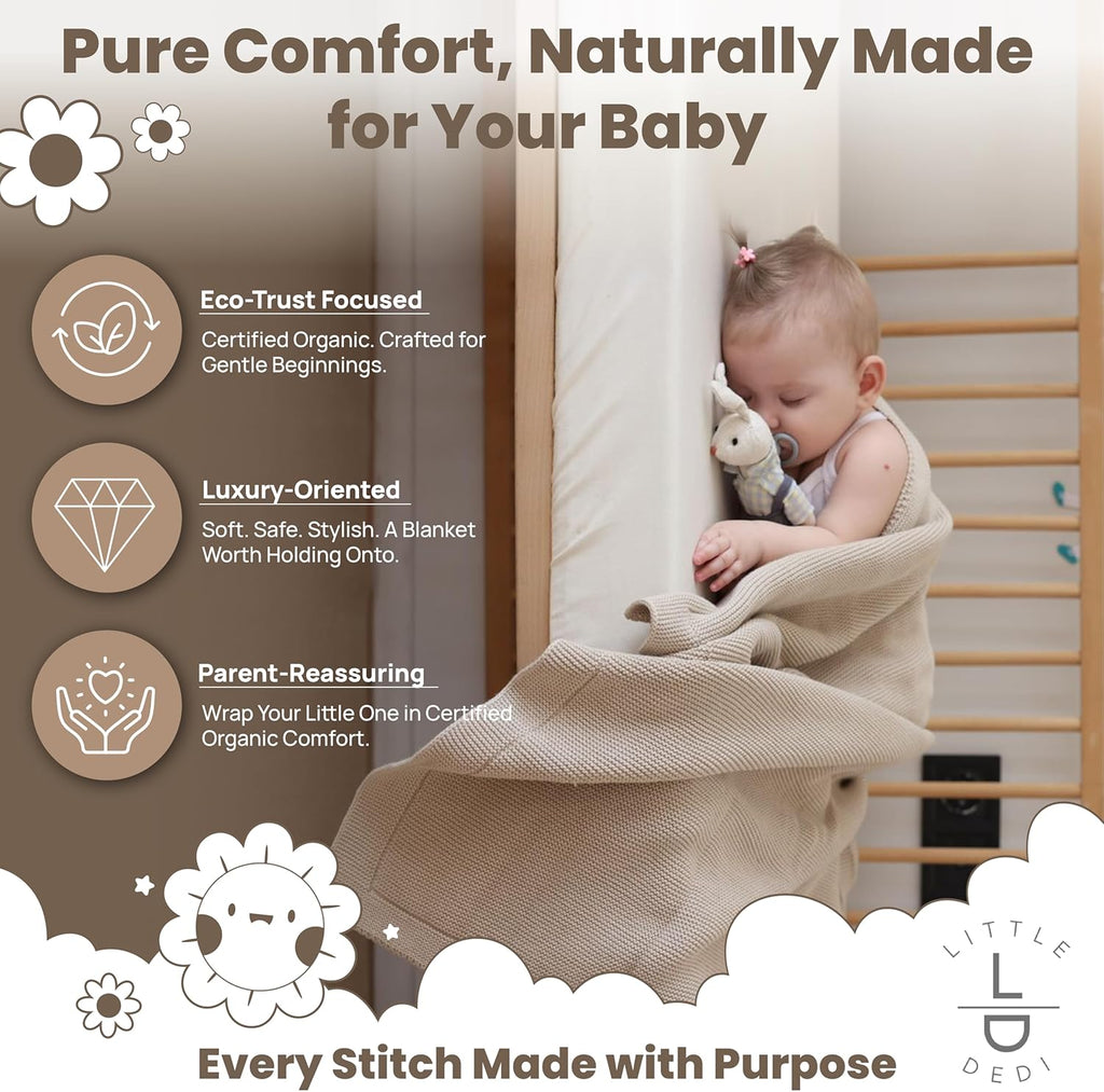 Organic Cotton Baby Blanket by [Brand Name] - Soft Knitted Swaddle for Newborns | Gift Box Included, 30"x40", Stone