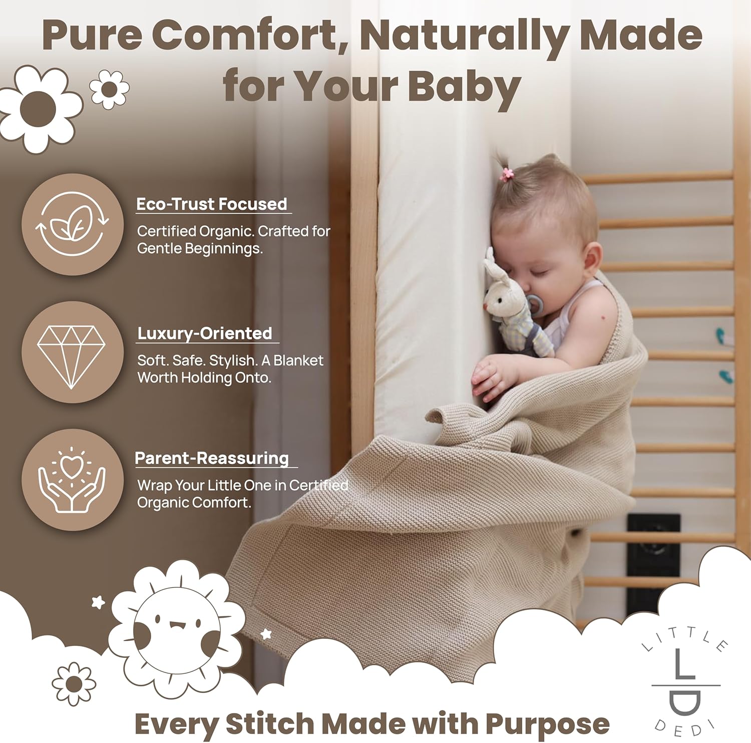 Organic Cotton Baby Blanket by [Brand Name] - Soft Knitted Swaddle for Newborns | Gift Box Included, 30"x40", Stone