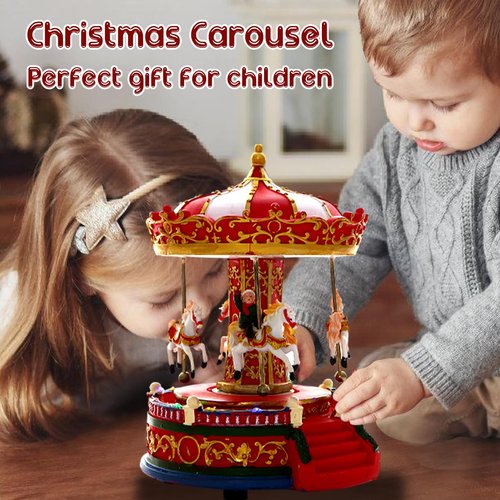 Christmas Carousel Figurines Decoration Christmas Village House Musical Carousel with 6 Moving Horses Go Round, 8 Pieces of Music Snow Globe, Music Box for Girl and Boy Kids (Carouel)
