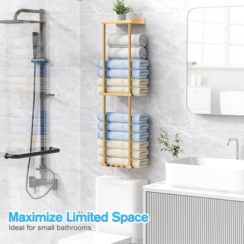 Liuoud Towel Rack - Wall Mounted Vertical Towel Storage Organizer with Shelf | Holds 6 Large Bath Sheets - Gold