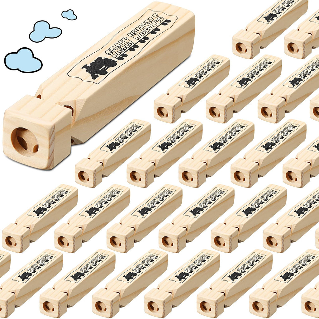 Lenwen 24 Pcs 7.4" Wooden Train Whistles for Kids 4 Tones Train Themed Party Favors Noisemaker Toys for Birthday Party Carnival Prize Educational Game