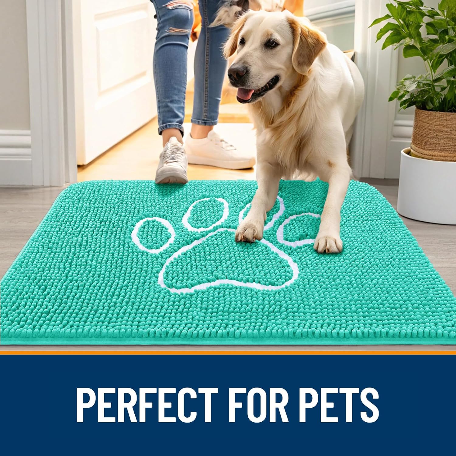 OLANLY Dog Door Mat - Absorbent Non-Slip Chenille for Muddy Paws | 24x16 Teal Paw Print Design