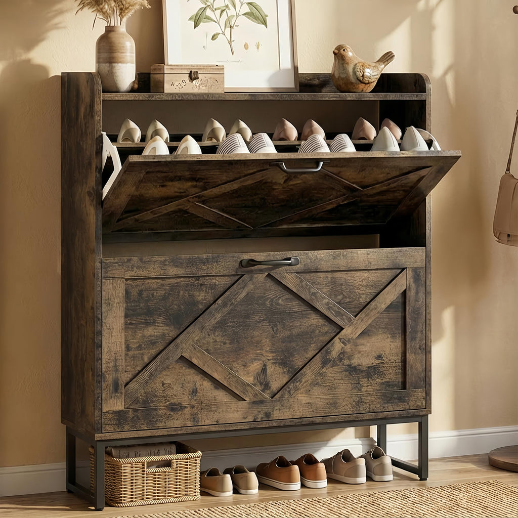 Nicetree Shoe Cabinet with 2 Flip Drawers, Freestanding Shoe Storage Cabinet with Metal Legs, Farmhouse Shoe Organizer for Entryway, Foyer, Hallway