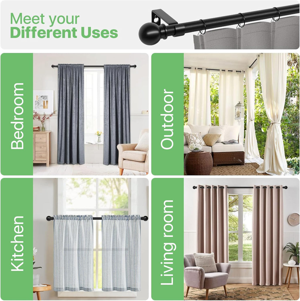 Skiennix Black Curtain Rod Set - Adjustable 28 to 48 Inch Metal Drapery Rod with Brackets | Matte Finish for Bedroom, Kitchen, Living Room