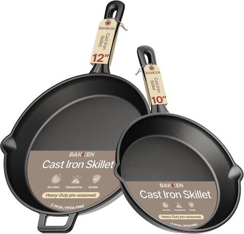 Bakken Cast Iron Skillet Set - Pre-Seasoned 10" & 12" Frying Pans for Even Heat Retention | Versatile for Stove, Oven & Grill